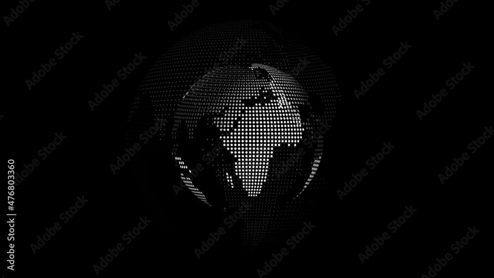 The digital globe is spinning. Looping animation of an abstract rotating planet Earth in cyberspace. 
Abstract globe rotates in a loop on a black background. Digital information technology concept.