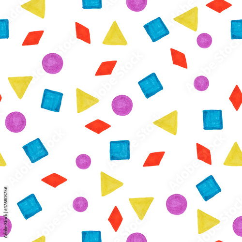 Geometric seamless pattern with small hand painted colorful geometric shapes on white background. For textile, print, etc.