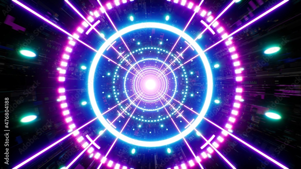 Obraz premium Glowing Four Rail Neon VJ Tunnel