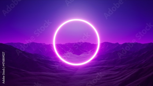 Fototapeta Naklejka Na Ścianę i Meble -  Neon Circle light logo frame in the Purple foggy mountain landscape background