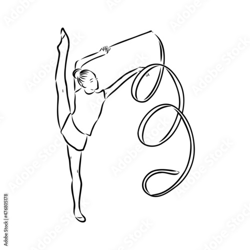 Rhythmic gymnastics. Silhouette of a girl with a ribbon. Beautiful gymnast. The woman is slim and young. Vector illustration.
