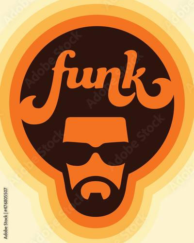 Funk colorful custom lettering music design with cool soul man illustration.
Vector design for funk or soul music with seventies retro style gradient colour letters