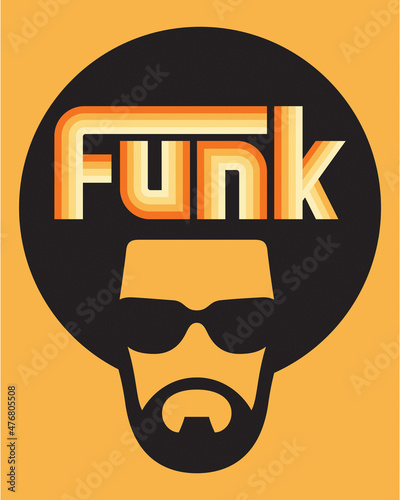 Funk colorful custom lettering music design with cool soul man illustration.
Vector design for funk or soul music with seventies retro style gradient colour letters