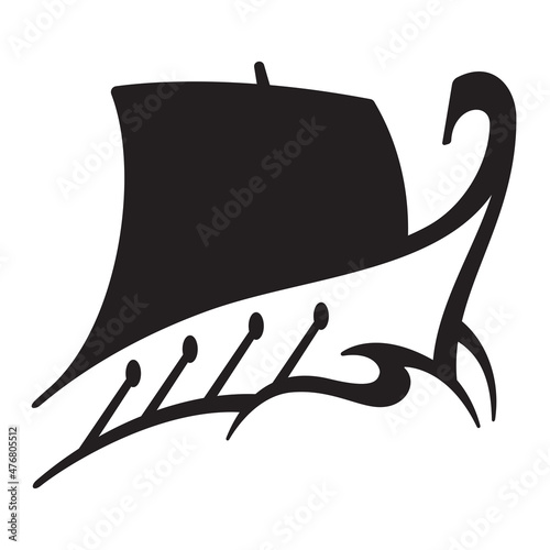 Historic ship vector logo or icon design with oars and sail.
Vector illustration of ancient Greek galley or Viking ship sailing through ocean waves.