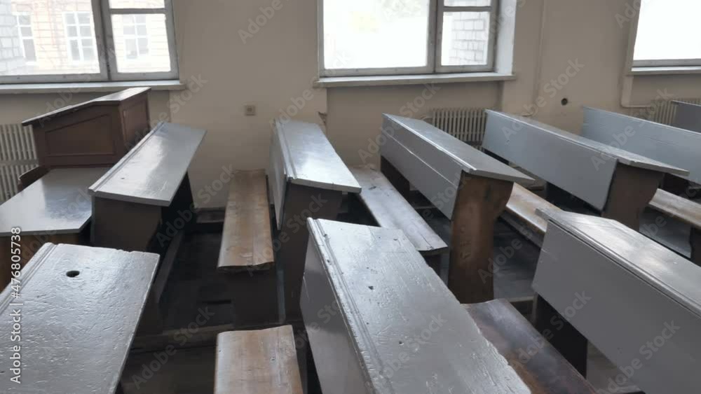 Empty Old, Retro Classroom With Rows of wooden desks And Seats
Empty Old, Retro Classroom With Rows of wooden desks And Seats