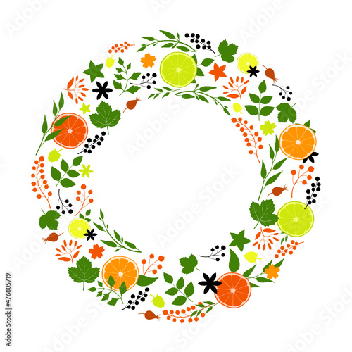 Vector round composition of leaves, berries, orange, lemon, lime, grapefruit
