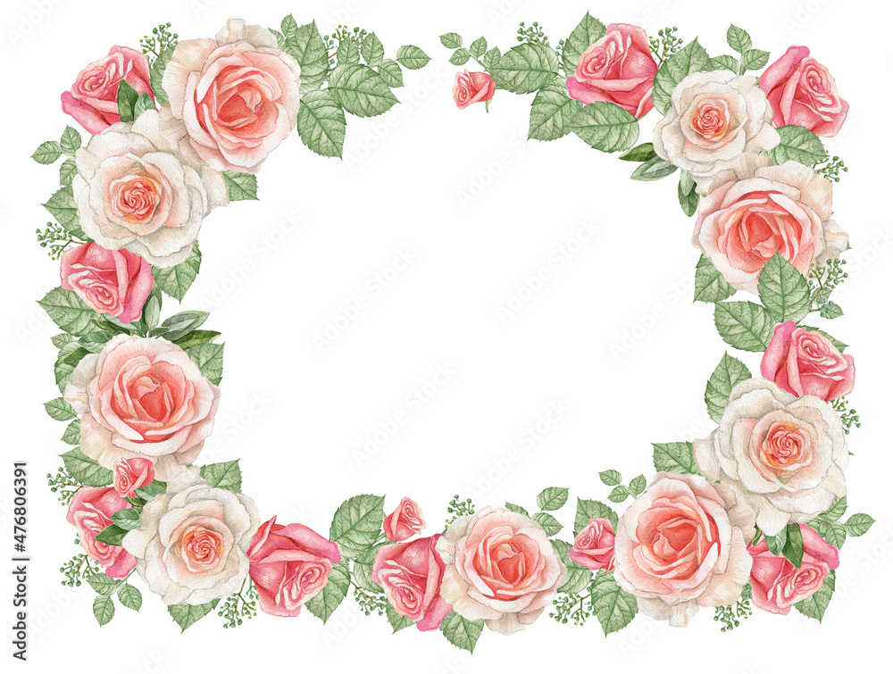 Watercolor dusty rose frame,pink blush flower border,wedding arragement, bridal shower frame,Vintage realistic roses frame.