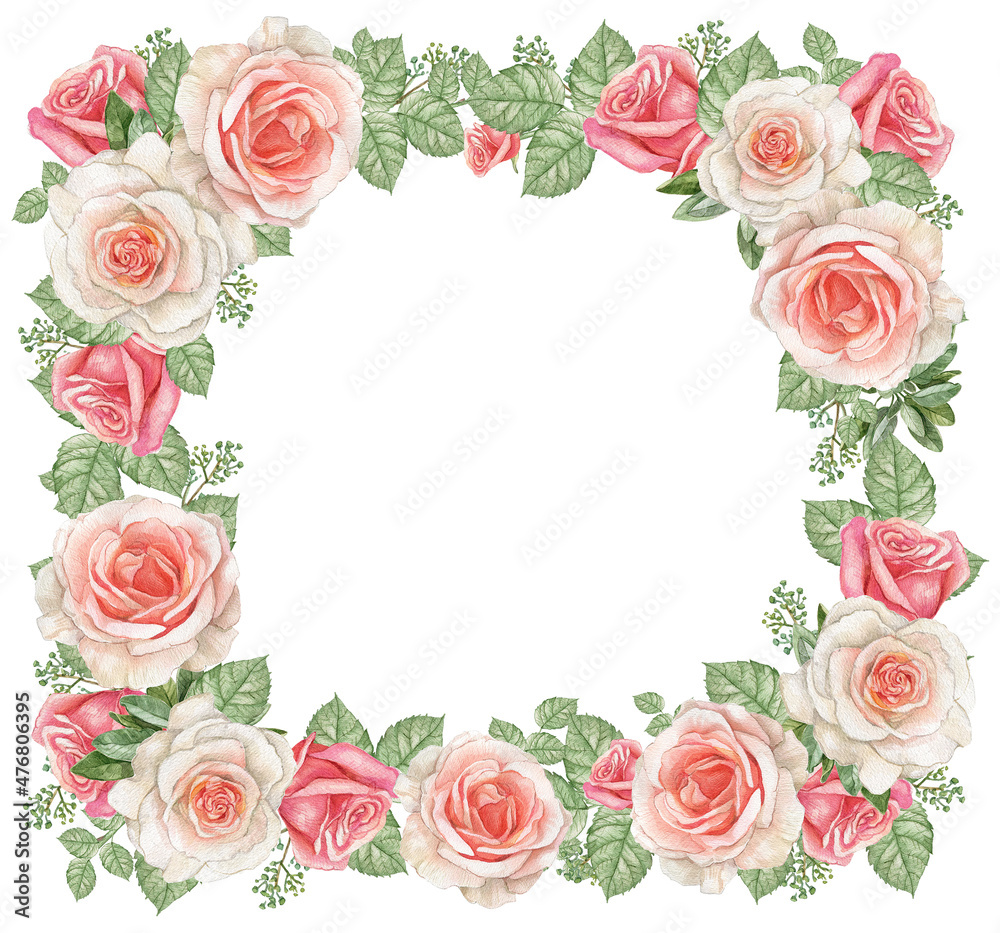 Watercolor dusty rose frame,pink blush flower border,wedding arragement, bridal shower frame,Vintage realistic roses frame.