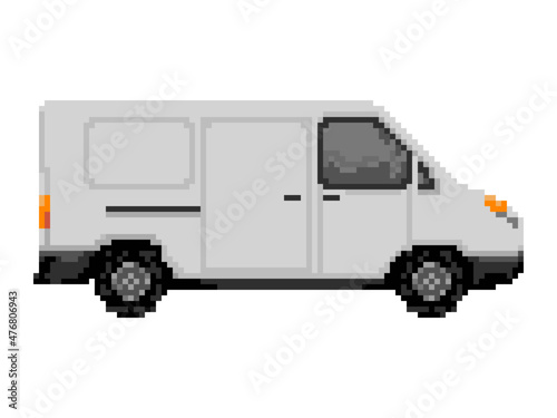 Illustration of white cargo van in pixel art style