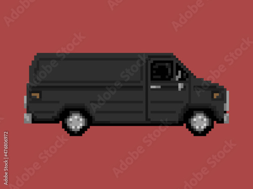 Illustration of black van in pixel art style