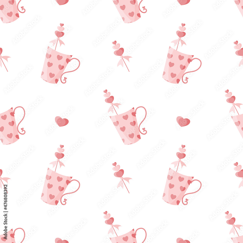 Seamless pattern of pink cup and hearts. Items of kitchen utensils. For fabric design, packaging, background.