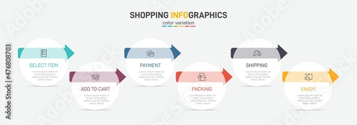Concept of shopping process with 6 successive steps. Six colorful graphic elements. Timeline design for brochure, presentation, web site. Infographic design layout.