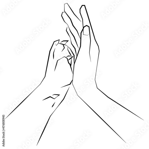 Woman's hand and dog's paw. Friendship. Drawing with sharp corners. Chopped lines 