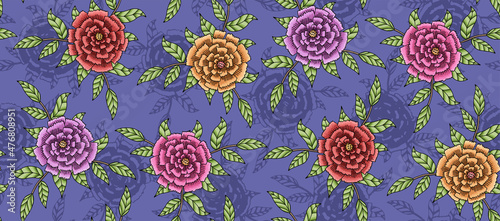 Seamless colorful carnation flowers pattern, very peri background, greeting card, wallpaper