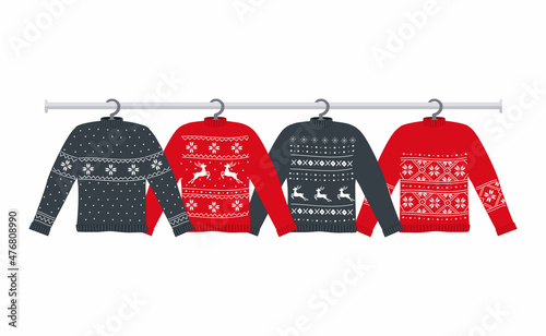 Ugly Sweaters on hangers. There are red and blue Christmas sweaters with deers, fir trees, snowflakes in the picture. Vector illustration