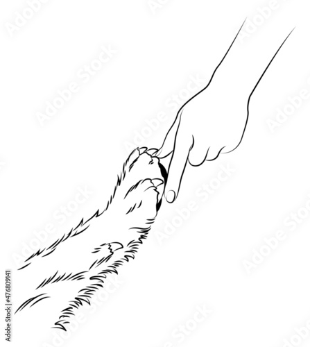 Image of friendship between human and a dog. Hand and paw. Vector. Can be used for tattooing 