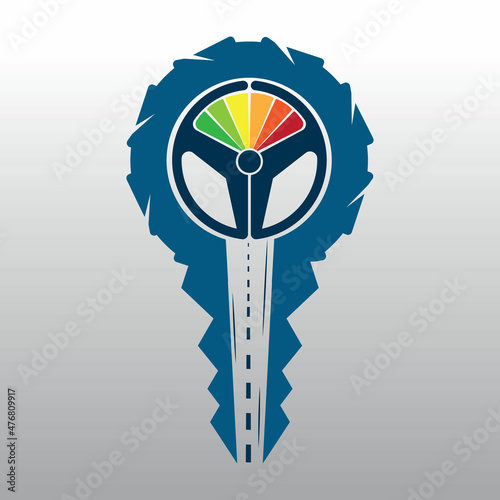 Driving school logo design. Car key with road and steering wheel icon.