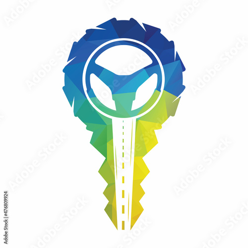 Driving school logo design. Car key with road and steering wheel icon.