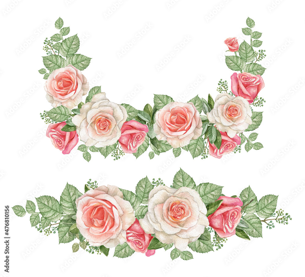 Watercolor dusty rose frame, pink blush flower border, wedding arragement, bridal shower corner frame, Vintage realistic roses frame.