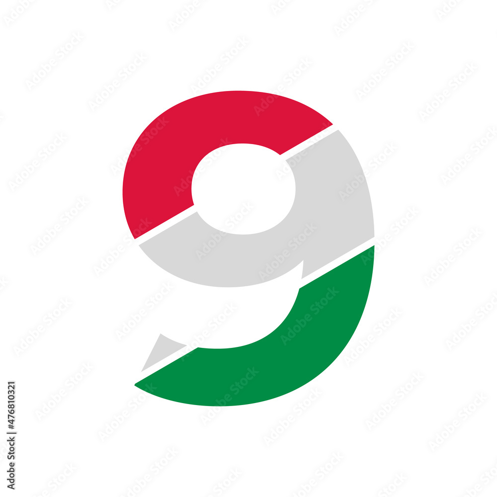 Number 9 Paper Cutout with Italian Flag Color Logo Design Template Number 9 Paper Cutout with Italian Flag Color Logo Design Template