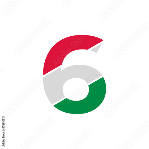 Number 6 Paper Cutout with Italian Flag Color Logo Design Template