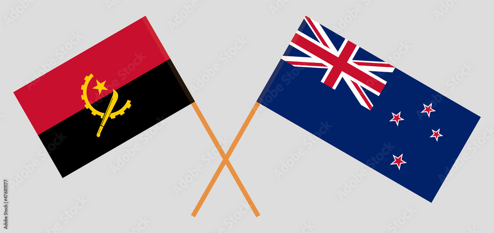 Crossed flags of Angola and New Zealand. Official colors. Correct proportion Crossed flags of Angola and New Zealand. Official colors. Correct proportion