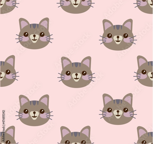 Cat vector pattern with hand drawn painted cat faces. Seamless print illustration for children