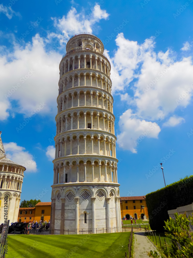 The Leaning Tower of Pisa, Tower of Pisa, Piazza del Duomo with a Blue Sky and Puffy Clouds