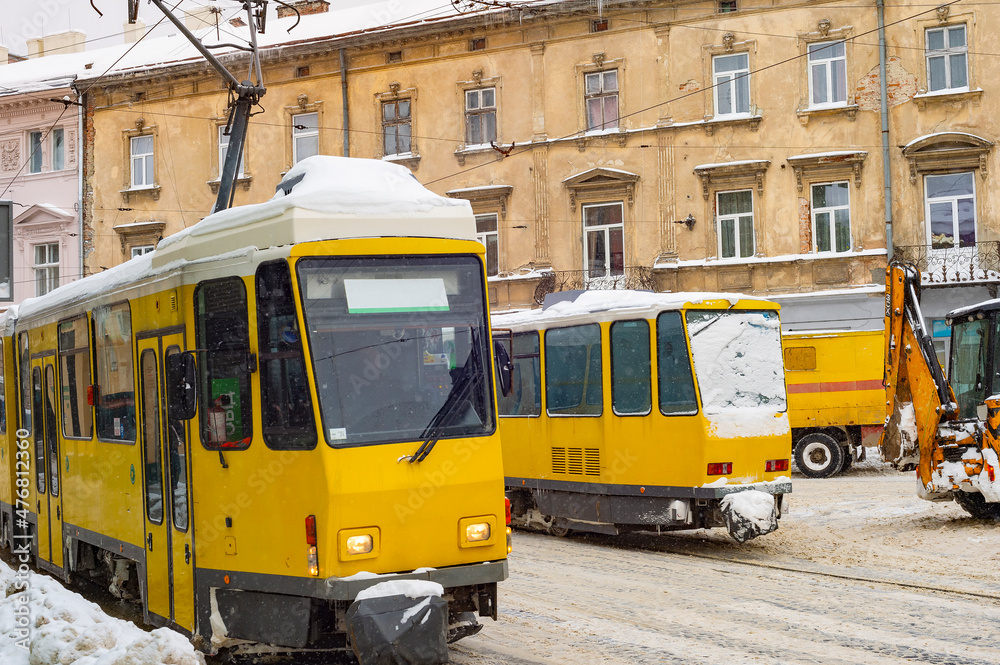 Snow collapse tramways snowplow Lviv