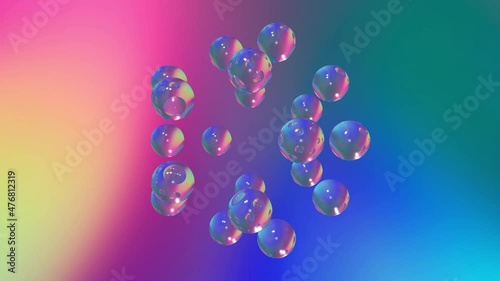 Abstract glass spheres orbiting within a flowing spectrum vaporwave gradient, trendy colorful seamless 4K video loop in pastel neon colour