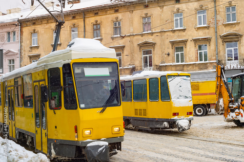 Snow collapse tramways snowplow Lviv photo