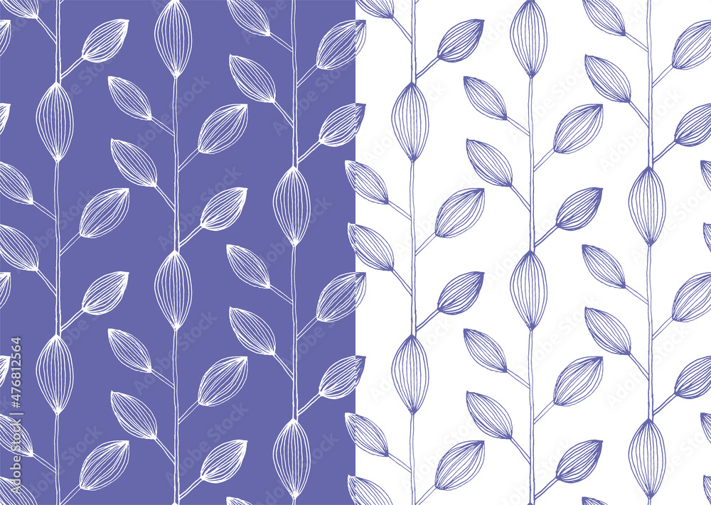 Vector seamless pattern design with hand drawn sketch leaves illustration. very peri color