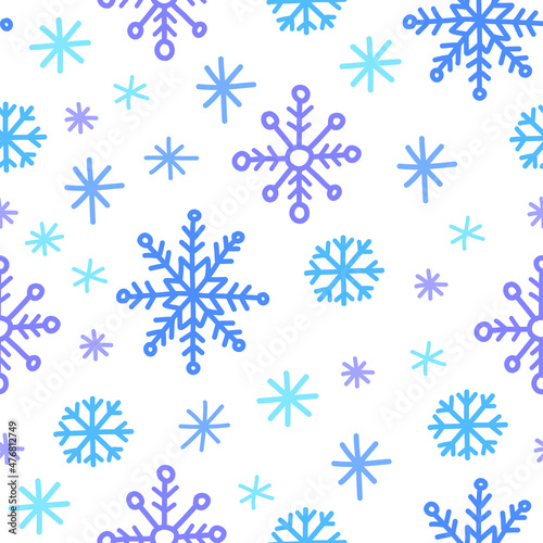 Hand drawn blue snowflakes on white background. Vector seamless pattern.