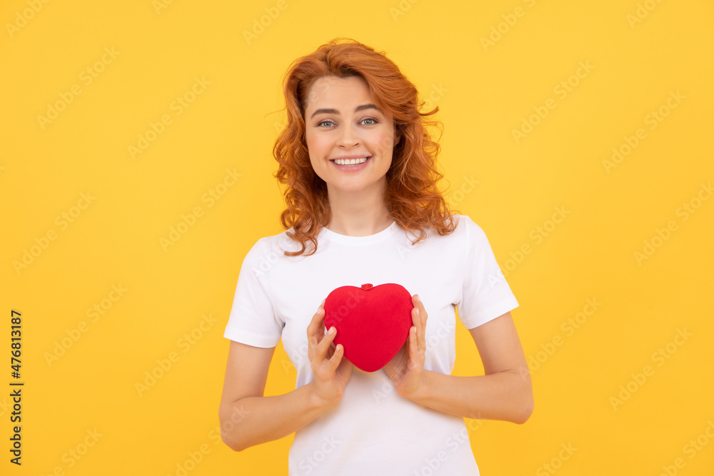 happy woman presenting red heart on yellow background, valentines, lady happy woman presenting red heart on yellow background, valentines, lady