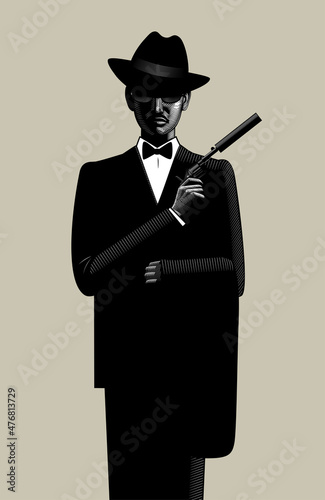 A man in sunglasses and a hat with a pistol with a silencer in his hand