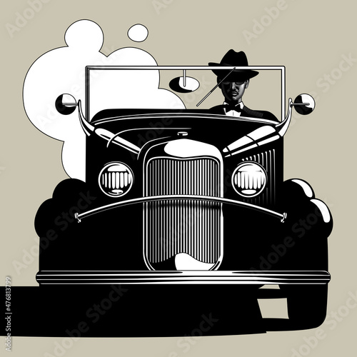 Vintage engraving black and white stylized drawing of Man in a hat driving a retro car