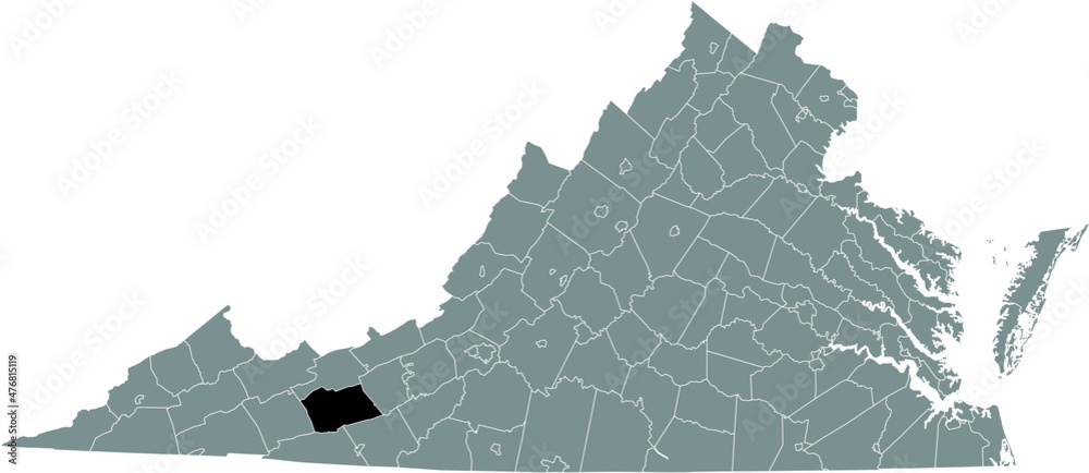 Black highlighted location map of the Wythe inside gray administrative map of the Federal State of Virginia, USA Black highlighted location map of the Wythe inside gray administrative map of the Federal State of Virginia, USA