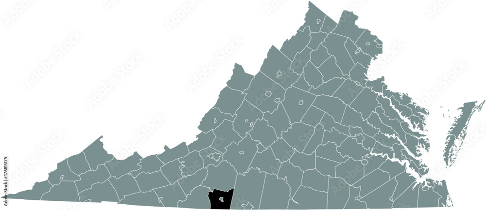 Black highlighted location map of the Henry County inside gray administrative map of the Federal State of Virginia, USA Black highlighted location map of the Henry County inside gray administrative map of the Federal State of Virginia, USA