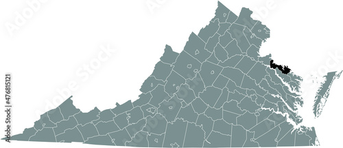 Black highlighted location map of the Westmoreland inside gray administrative map of the Federal State of Virginia, USA