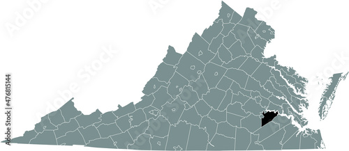 Black highlighted location map of the Prince George inside gray administrative map of the Federal State of Virginia  USA