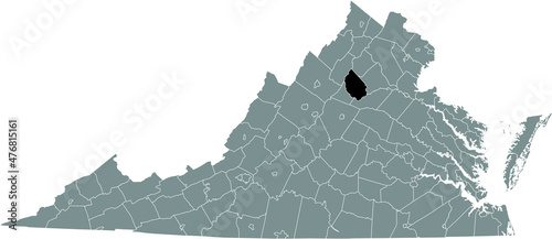 Black highlighted location map of the Madison inside gray administrative map of the Federal State of Virginia, USA