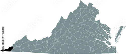 Black highlighted location map of the Lee inside gray administrative map of the Federal State of Virginia, USA