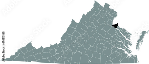 Black highlighted location map of the King George inside gray administrative map of the Federal State of Virginia, USA