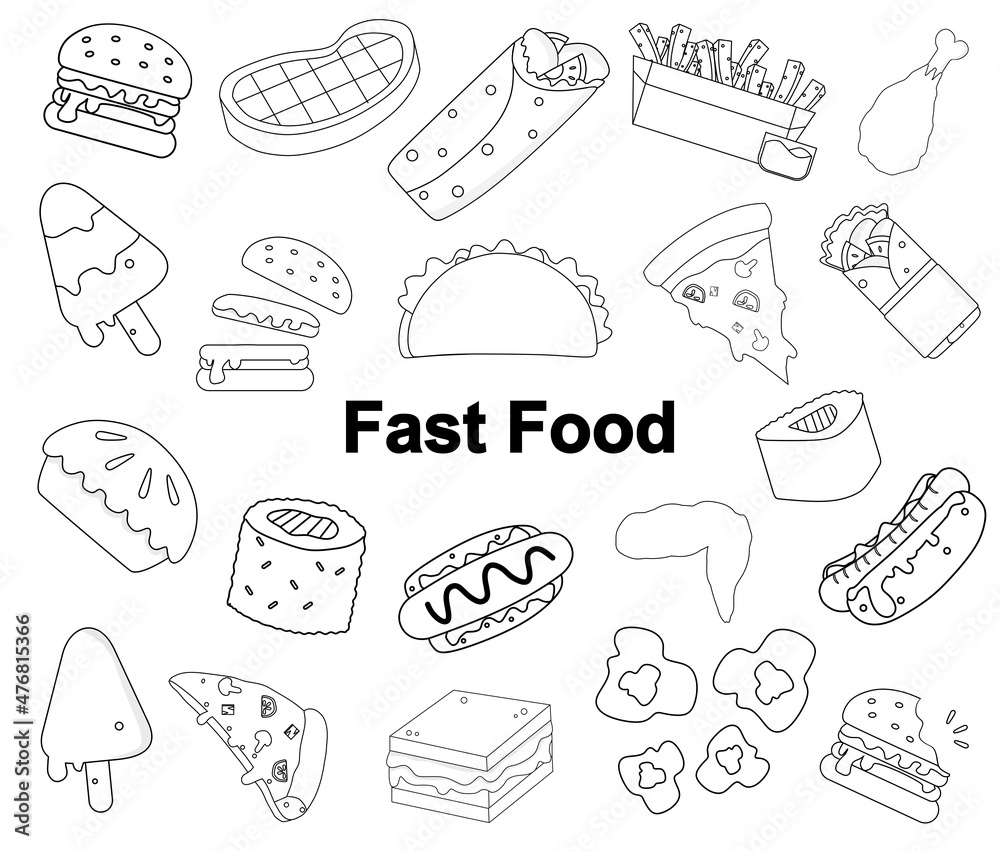 Black and white vector illustration set of fast food for coloring book and doodle Black and white vector illustration set of fast food for coloring book and doodle