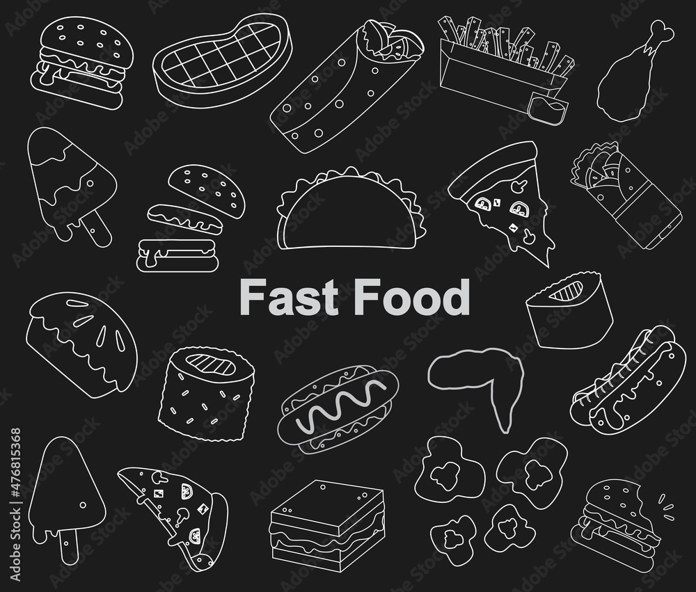 Black and white vector illustration set of fast food for coloring book and doodle on chalkboard