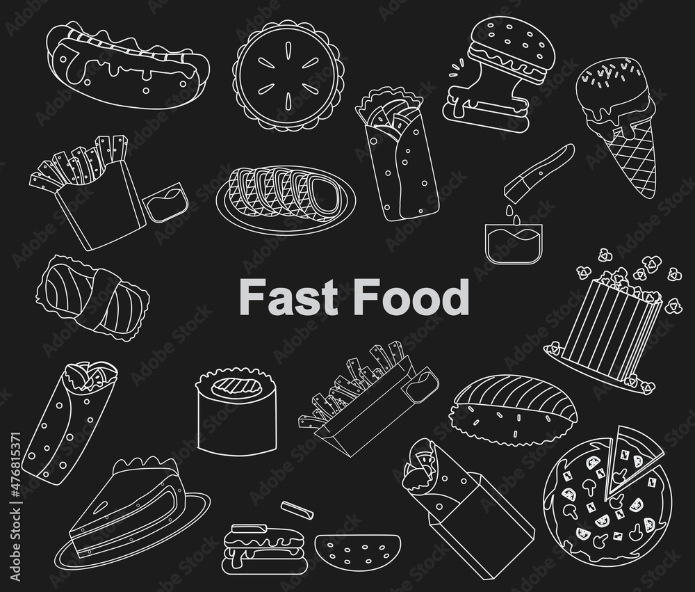 Black and white vector illustration set of fast food for coloring book and doodle on chalkboard Black and white vector illustration set of fast food for coloring book and doodle on chalkboard