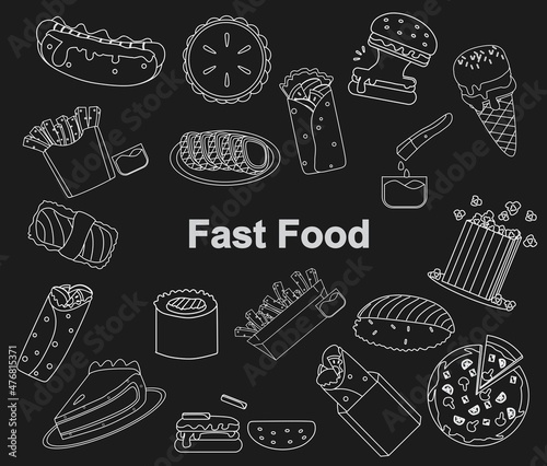 Black and white vector illustration set of fast food for coloring book and doodle on chalkboard