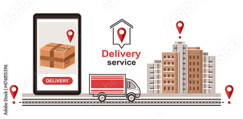 Express parcel delivery service. Transport shipping post package. Fast courier home deliver. Logistic supply. Online shopping. Order tracking. Cardboard box on smartphone screen, truck on road. Vector