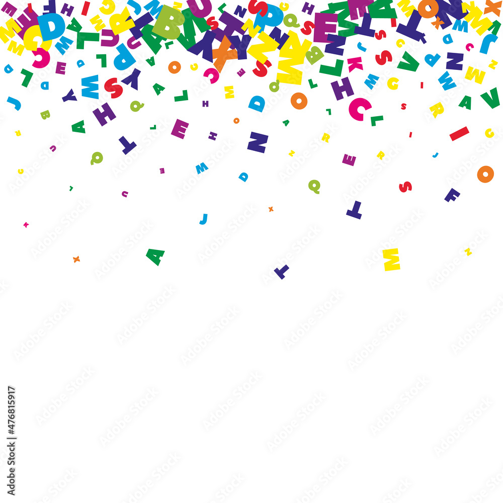 Falling letters of English language. Bright flying words of Latin alphabet. Foreign languages study concept. Pleasing back to school banner on white background. Falling letters of English language. Bright flying words of Latin alphabet. Foreign languages study concept. Pleasing back to school banner on white background.
