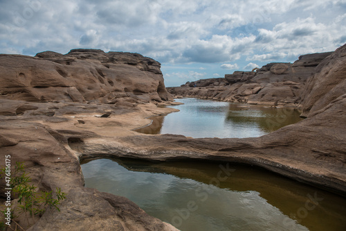 Colorful rocks, puddles and strange shaped rocks in the Mekong River